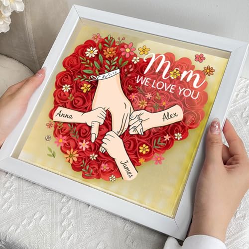Personalized Mom Flower Shadow Box with Hands & Kids Names, - Customized Rose Frame Gift for Mom Grandma, Unique Mother's ...