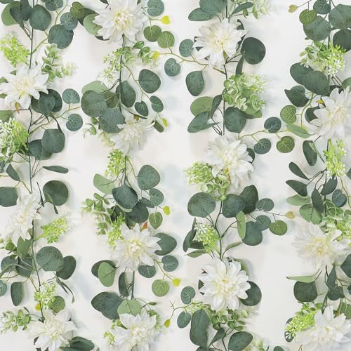 Dremisland Artificial Flowers Garlands 2 Pack 12Ft Artificial Eucalyptus Garland with Dahlia Flower Hanging Flowers Vines ...