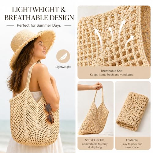MBBEST Crochet Beach Bag for Women, Boho Mesh Knit Tote Purse, Handmade Cotton Summer