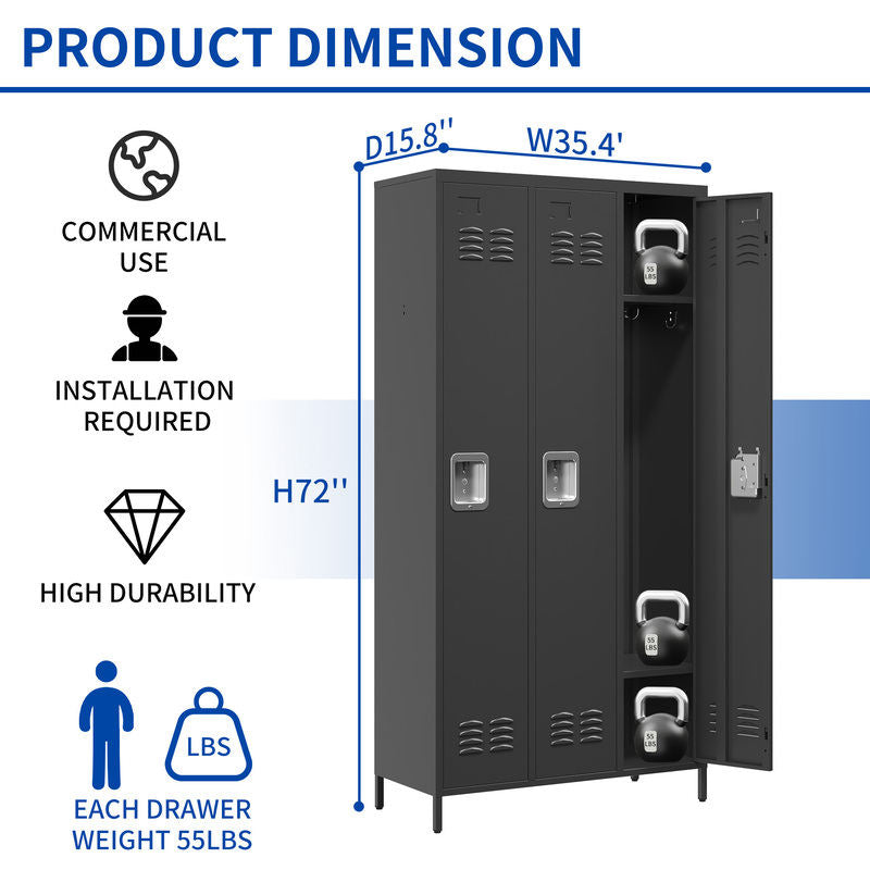 3-Door 72in Steel Locker W Locks For Employees, Storage Cabinet For Home Gym Office School Garage, Gray,Black