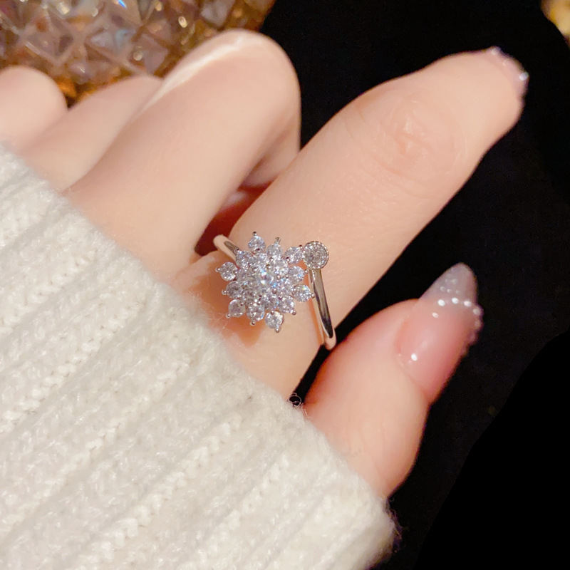 Christmas New Year Niche Unique Design Full Diamond Rotating Ring, Snowflake Open Adjustable Pure Copper Non-fading Ring