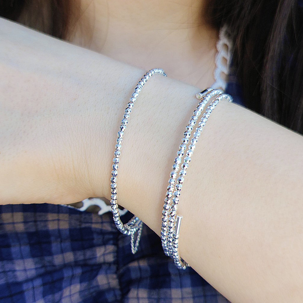 1pc 999 Sterling Silver Triple-Layer Laser Bead Stretch Bracelet, Sparkly Minimalist Style, Perfect For Daily Wear And Valentine's Gift