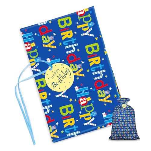 Laidans 56" Extra Large Blue Plastic Gift Bag, Jumbo Happy Birthday Gift Bag with Tag and Tie for Boy Kids Birthdays Parti...