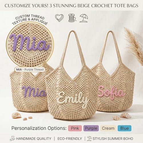 OHWIPI Personalized Crochet Beach Bag for Women, Custom Name Woven Tote Bag, Hand Embroidered Text, Lightweight Summer Bea...