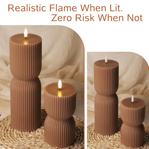 Girimax Warm Brown Ribbed Flameless Pillar Candles with Remote, Real Wax Flickering Battery LED Candles Christmas Decor Gi...