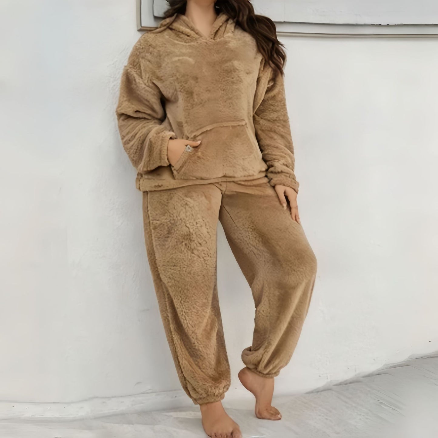 Hooded Long-sleeve Casual Pants With Patch Pockets Home Two-piece Set