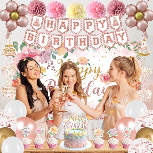 Holkcog Flower Birthfday Party Decorations for Girl, Pink Florals Ballons Banner Background, Cake Tppper, Garden Tea Party...