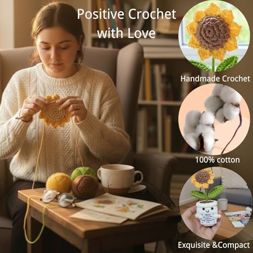 Positive Crochet Sunflower Gift Set of 3 with Message Cards – Emotional Support Handmade Flower, Thank You Appreciation Fa...