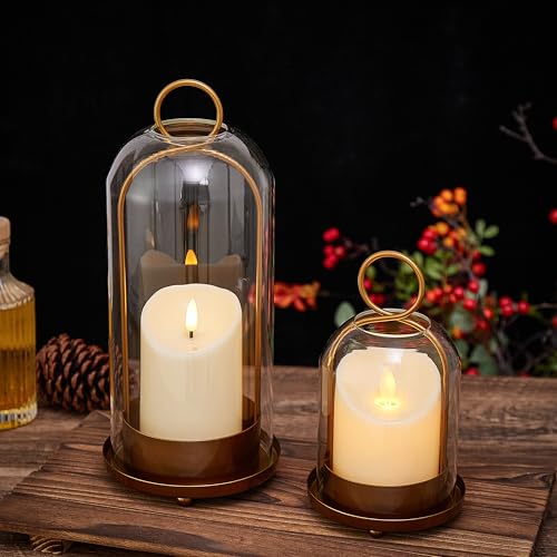 Gdfmsc Hurricane Metal & Glass Candle Holder Gold Set of 2, Decorative Candlestick Pillar Candle Holder with Clear Glass f...