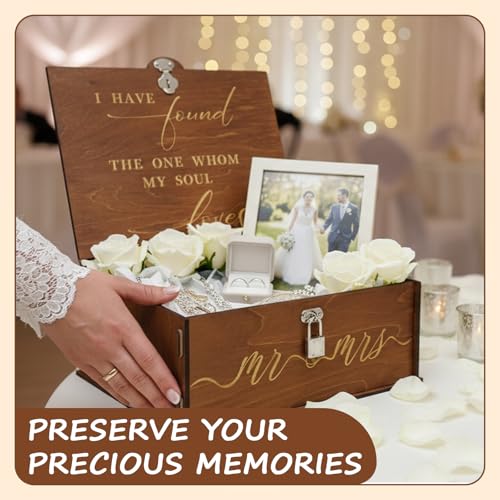 AerWo Mr and Mrs Wedding Keepsake Box, Large Wooden Storage Box with Lid and Lock, Assembled Keepsake Memory Box for Anniv...
