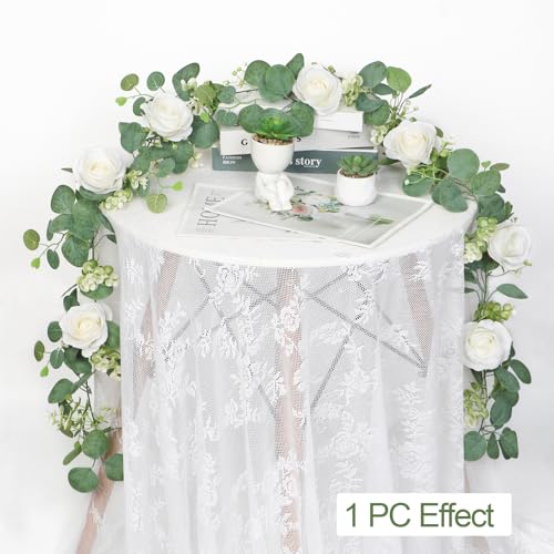 TOCHGREEN 4Pcs(26 Ft) Artificial Eucalyptus & White Rose Flower Garland, Faux Rose Vine & Gypsophila Greenery for Party & ...