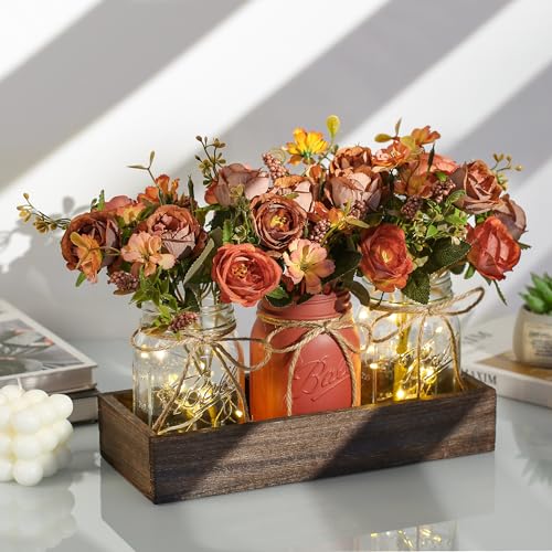 DUOER 3 Pcs Mason Jar Centerpiece Table Decorations for Dining Table Decor Farmhouse Coffee Table Decor with Wood Tray and...