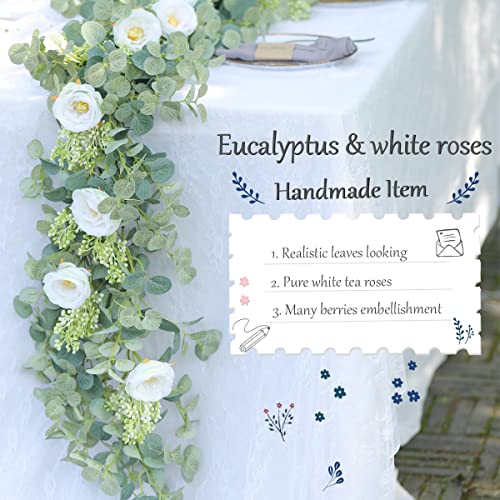 PARTY JOY 6.56ft Eucalyptus Garland with Flowers-8 White Roses, Artificial Fake Flowers Greenery Garland Floral Vines for ...