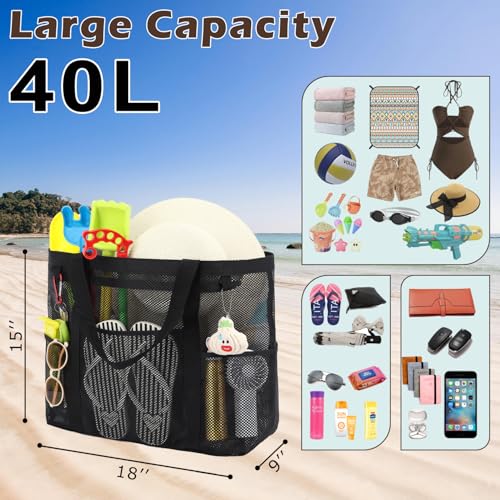 Fammart Mesh Beach Bag with Zipper for Women, Large Beach Tote Sandproof Toys Pool Swim Bag Travel Vacation Cruise Essentials