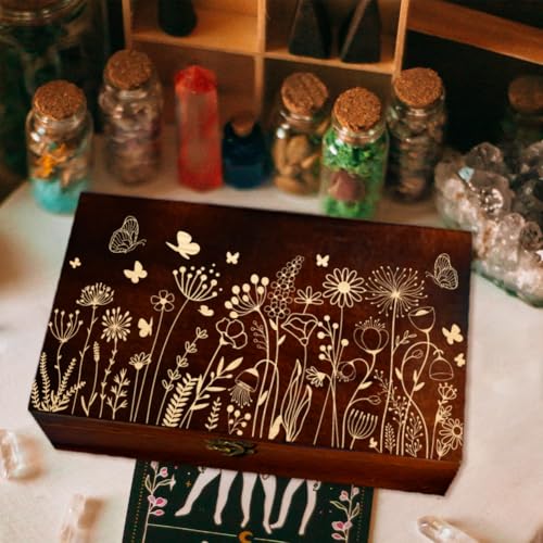 arricraft 1 Pc Wooden Memory Keepsake Box, Wildflower Cluster Butterflies Engraved Pattern Rectangle Pine Tarot Box for An...