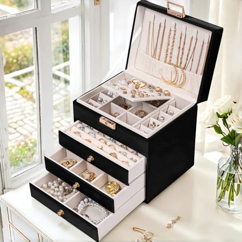 Vandozis Leather Jewelry Box with Lock for Women, 4-Tier 3-Drawer Jewelry Organizer, Large Capacity Vanity Storage Case fo...