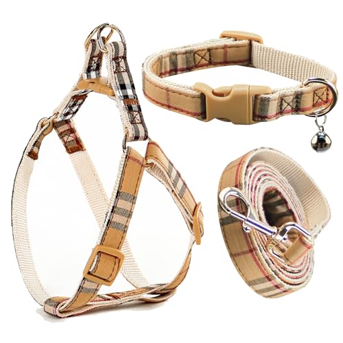 NISIYE Cute Plaid Dog Collar Harness and Leash with Safety Buckle - Adjustable and No Pull Comfortable Dog Collars for Sma...