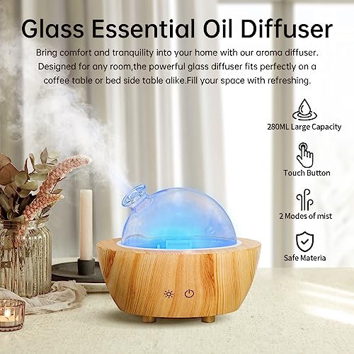 Glass Essential Oil Diffuser Wood Grain Base, 280ml Aromatherapy Diffusers Cool Mist Humidifier, LED Light in 7 Colors wit...