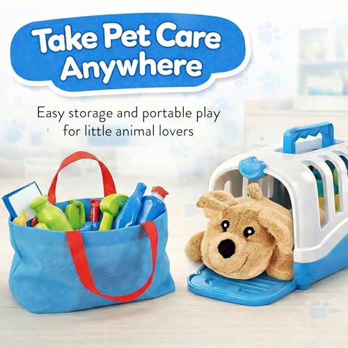 34-Piece Kids Pretend Vet Playset, Veterinarian Role Play Doctor Toy Kit with Plush Dog & Cat, Pet Care Grooming Set with ...