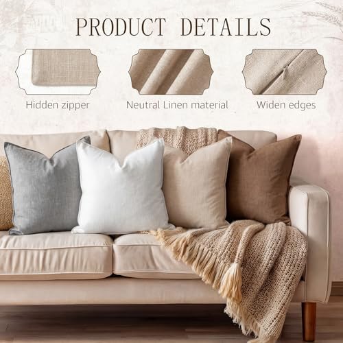 CrystalSylara 4 Pack 18x18 Inch Linen Pillow Covers Decorative Neutral Linen Throw Pillows Cases, Soft Rustic Cushions Boh...