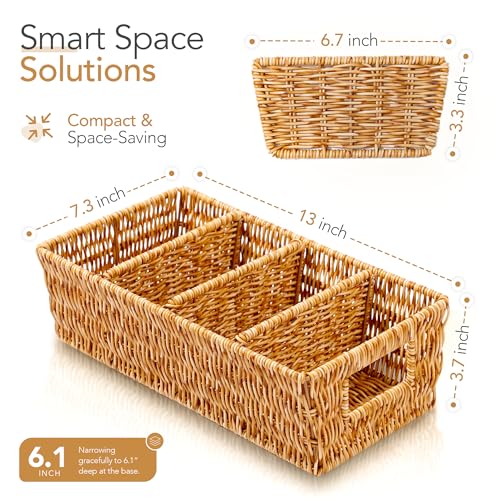 Nature-Inspired Rattan Pantry Organizer Baskets Set of 2 with 3 Removable Dividers – Handwoven Storage Bins for Kitchen or...