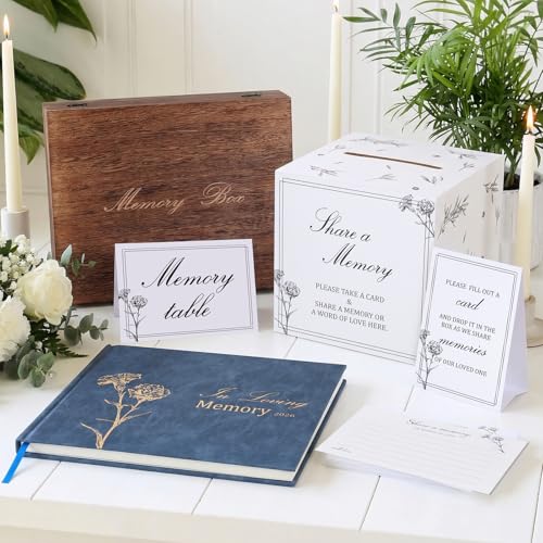 Funeral Guest Book Set with Wooden Keepsake Box – Includes 50 Blank Memory Cards, Memory Table Card, Instruction Card, Car...