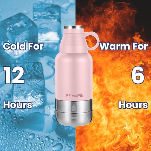 PawsPik 32oz 3-in-1 Travel Dog Water Bottle & Bowl Set – Stainless Steel Vacuum-Insulated Bottle with Detachable Food & Wa...