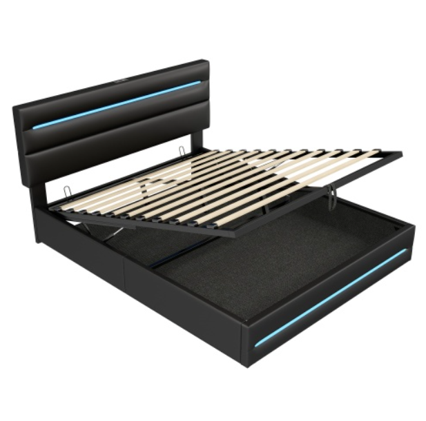 4ft6 Double Upholstered Bed Frame With Hydraulic Storage, PU Ottoman Bed With LED Lighting And Charging Station, LED Adjustable Headboard With USB And Type - C Ports, Black