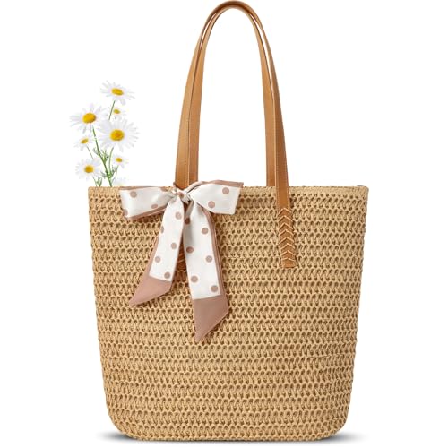 Trifabricy Beach Bags for Women, Large Straw Beach Bag, Beach Tote Bag Shoulder Handbags, Straw Bag Beach Purse for Summer