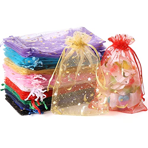 100PCS Moon Star Organza Bags, 4x6" Wedding Favors Bags with Drawstring, Mixed Color Little Mesh Candy Gift Pouches for Pa...