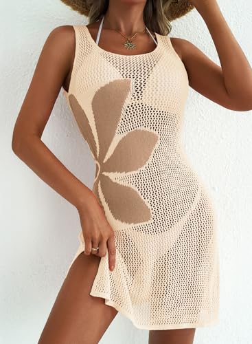 Dokotoo Women's Summer Swimsuit 2026 Cover up Crochet Beach Floral Hollow Out Slit Bikini Sleeveless Cover up Dresses