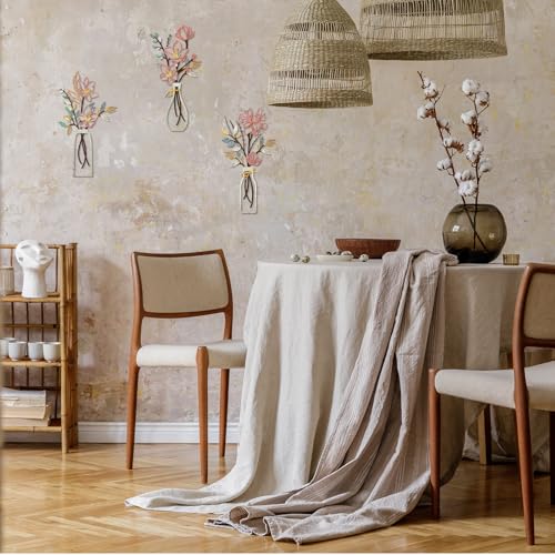 ARTINME 3 Pieces Metal Flowers Wall Arts - Pink and Beige Rustic Farmhouse Decor Minimalist Flower Wall Decors for Living ...