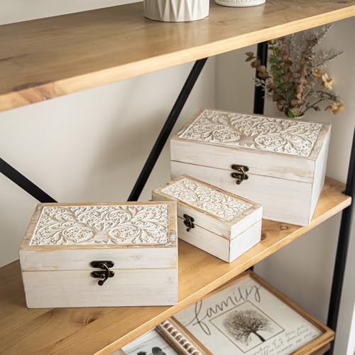 MODE HOME 3 Piece Tree of Life Carved Wooden Keepsake Boxes with Lids, Decorative Storage Boxes for Home decor, Trinket Bo...