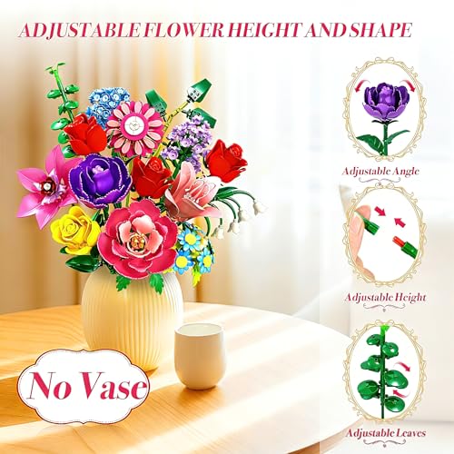Rongmeiz Mother's Day Flower Bouquet Building Set, 1020 PCS Botanical Collection Building Block Toy, Rose Flowers Plant Ho...