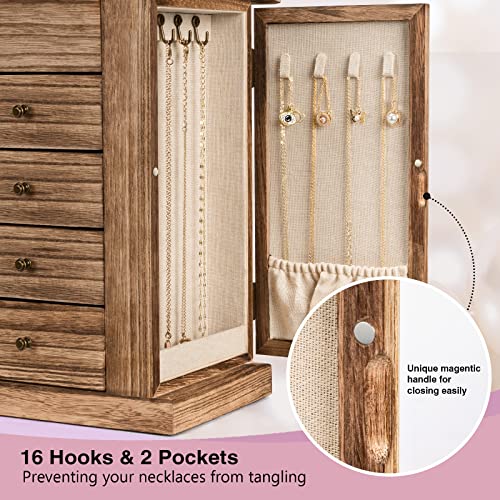 Emfogo Jewelry Box for Women, 5 Layer Large Wood Boxes & Organizers for Necklaces Earrings Rings Bracelets, Rustic Organiz...