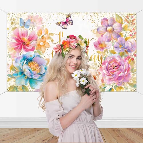 Mocsicka Floral Happy Birthday Banner Pink Flowers Butterfly Spring Party Decorations for Women Girls Photography Backgrou...