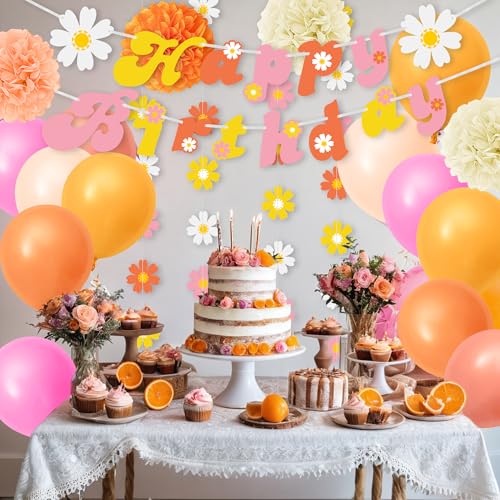 24 PCS Groovy Party Decorations Boho Happy Birthday Banners with Flower Hanging Flags Balloons Paper Flowers for Birthday ...