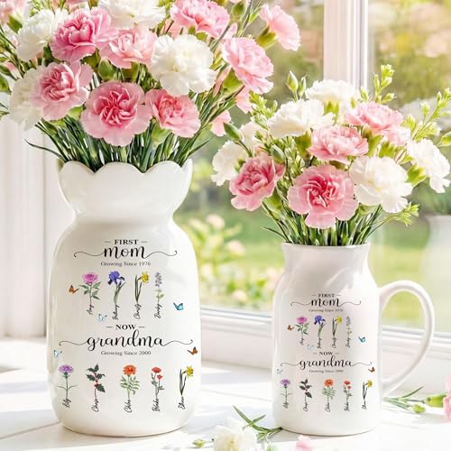 NAZENTI Personalized First Mom Now Grandma Flower Vase - Mother's Day Grandmas Garden Vases with Kids Names and Birth Mont...