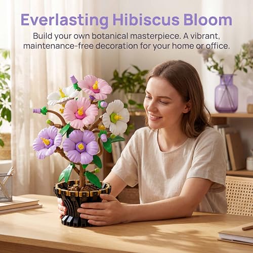 YINGYIWH Hibiscus Flower Building Set for Adults, 520 Pcs Artificial Flower Bouquet Kit, Creative Home Decor Building Bloc...