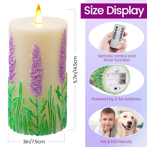 QQFCTOO Lavender Embossed flameless Candle with Flickering Flame - Battery-Operated Candle with Remote Timer - Real Wax - ...