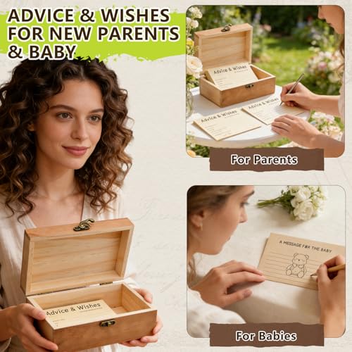 Natural Wooden Baby Shower Keepsake Box with 50 Pcs Advice & Wishes Kraft Cards - Elegant Guest Book Alternative – Rustic ...