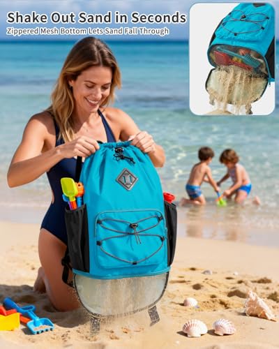 WANDF Drawstring Backpack with Removable Wet Pocket, Sandproof Beach Backpack with Bottom Compression Strap for Beach Mat,...