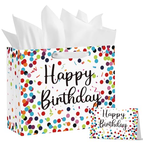 Horaldaily 13" Large Birthday Gift Paper Bags with Tissue Paper and Card, Happy Birthday Dots Streamers Gift Paper Bag for...