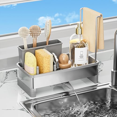 SOVGIZF Sponge Holder for Kitchen Sink,Sink Caddy Organizer with Removable Brush Holder,Kitchen Countertop Soap Dispenser ...
