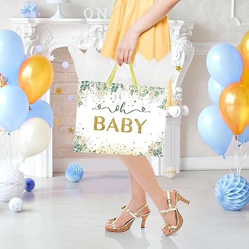13" Large Baby Boy Girl Gift Bag for Baby Shower or Birthday with Handle, Tissue Paper and Greeting Card (13" Green)