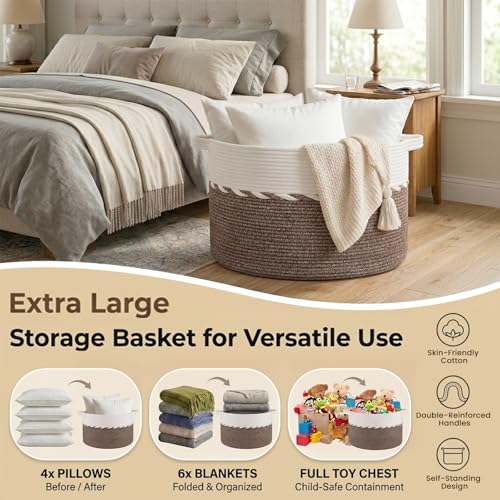 OIAHOMY 90L Blanket Basket for Living Room, Large Basket 23" x 23" x 13" with Handle, Laundry Hamper for Blankets, Pillow...