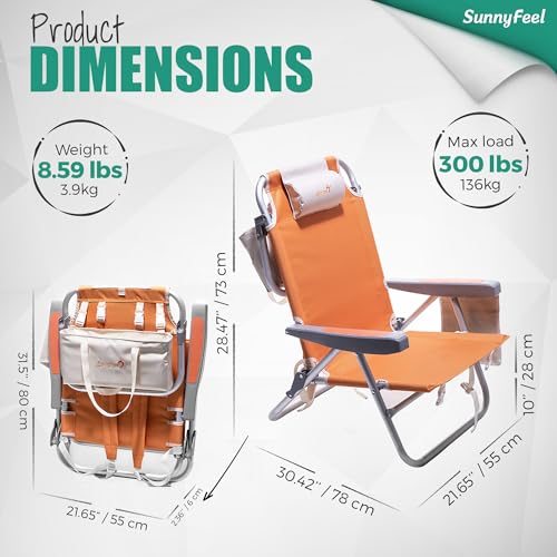 SUNNYFEEL Low Beach Chair, 5-Position Lay Flat Reclining, Backpack Portable Folding Chair with Cooler Bag & Cup Holder, He...