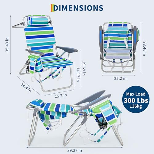 GarveeLife High Backpack Beach Chair for Adults 2 Pack, Lightweight Portable Lay Flat Folding Beach Chair with 5 Position...