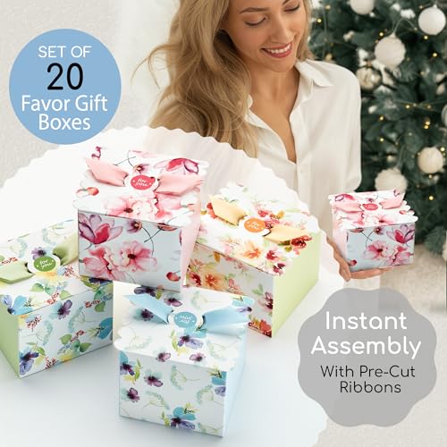 Small Floral Gift Boxes with Ribbons (20 Pack) 4” x 3.2” Cute Flower Decorative Mini Treat Boxes, Printed Spring Wildflowe...