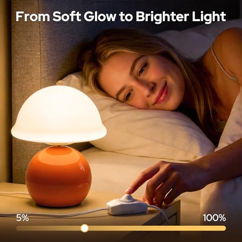 Komothala Mushroom Table Lamp for Bedroom, Cozy Bedside Lamp with Glass Shade, Stepless Dimmable Nightstand Lamp for Relax...